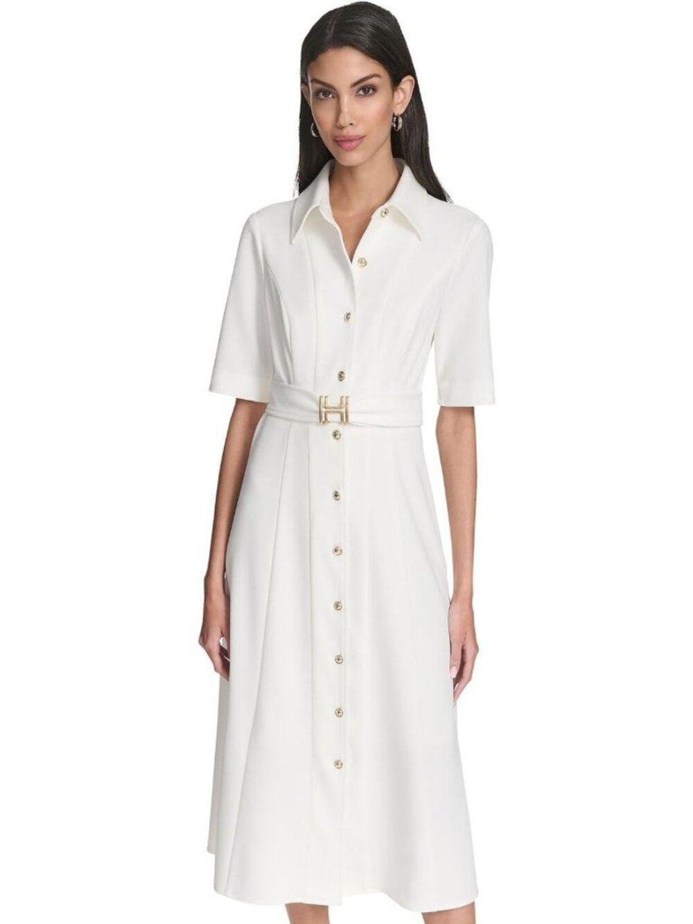 Chic Half Sleeve Midi Shirt Dress with Belt - Perfect for Casual or Dressy